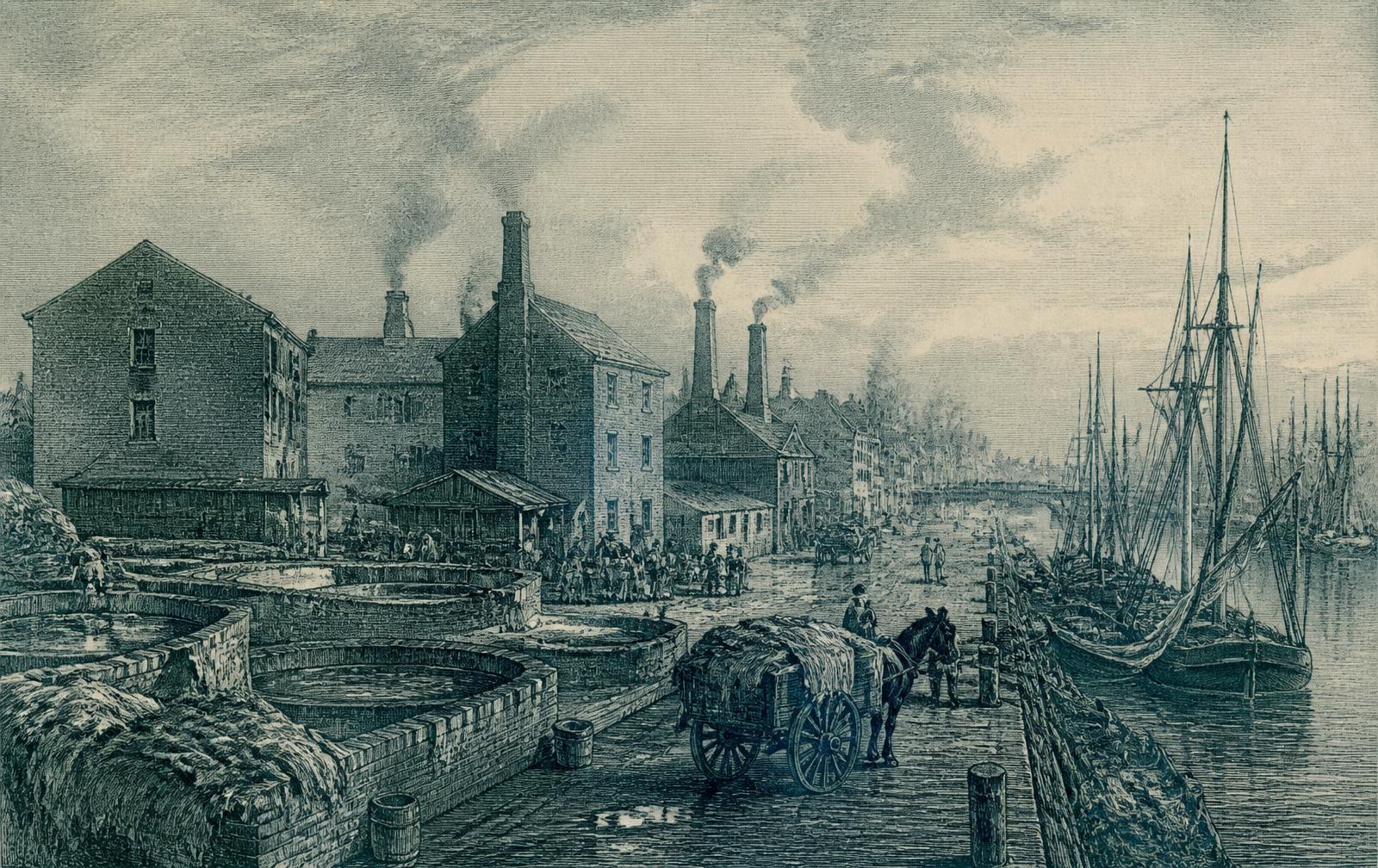 Illustrative engraving of a nineteenth-century tannery beside Hull docks
