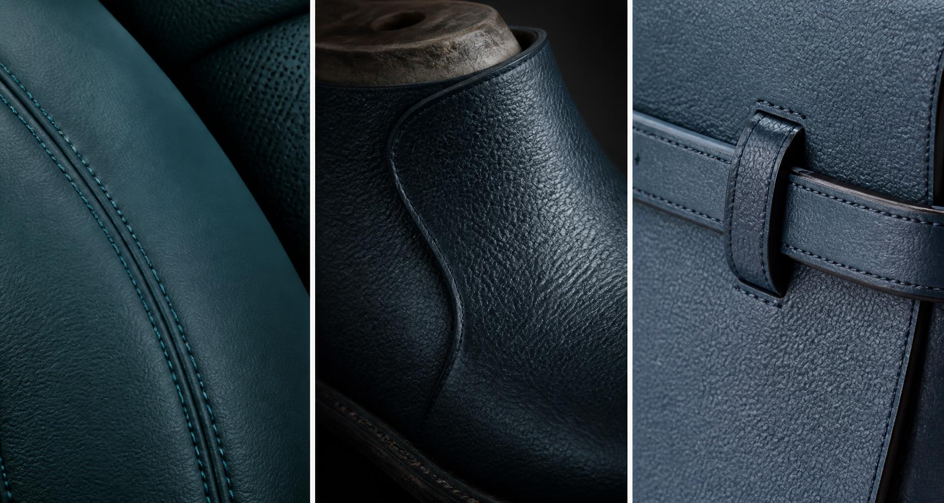 Matched close views of upholstery, footwear and leather goods
