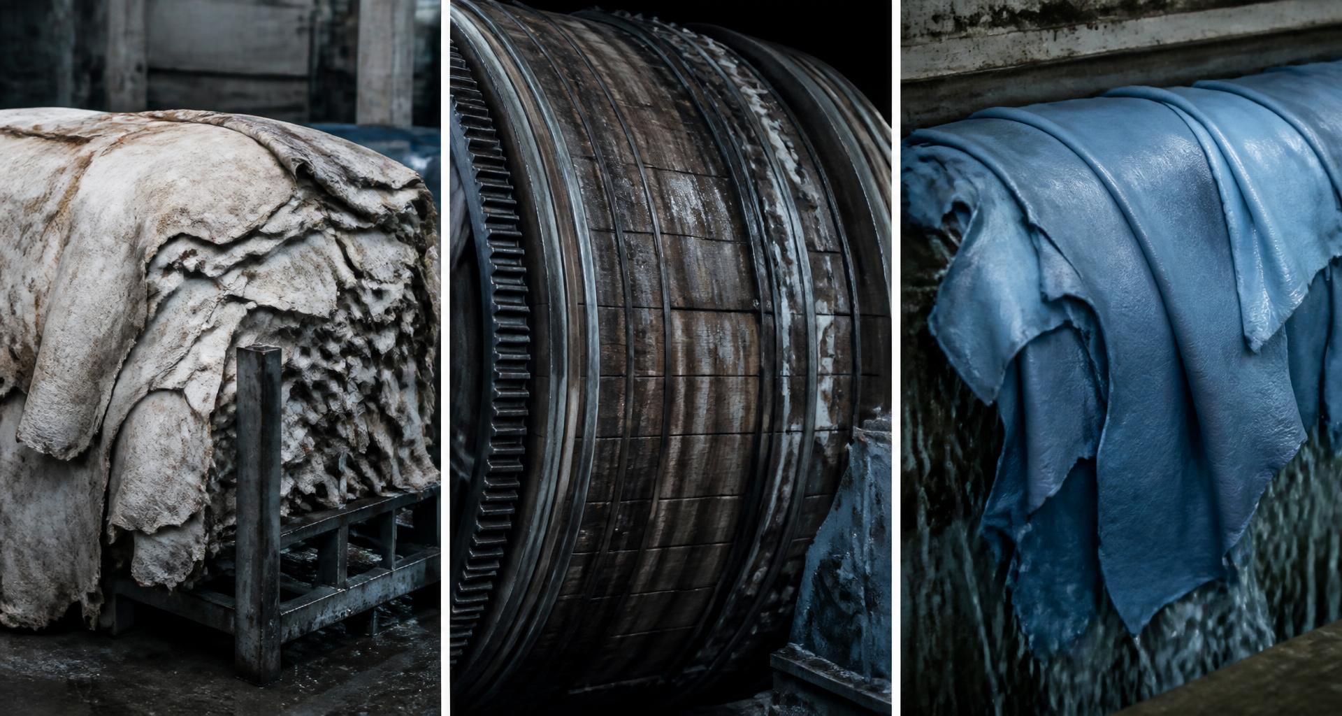 Raw hides, tanning drum machinery and wet-blue leather shown in three close views
