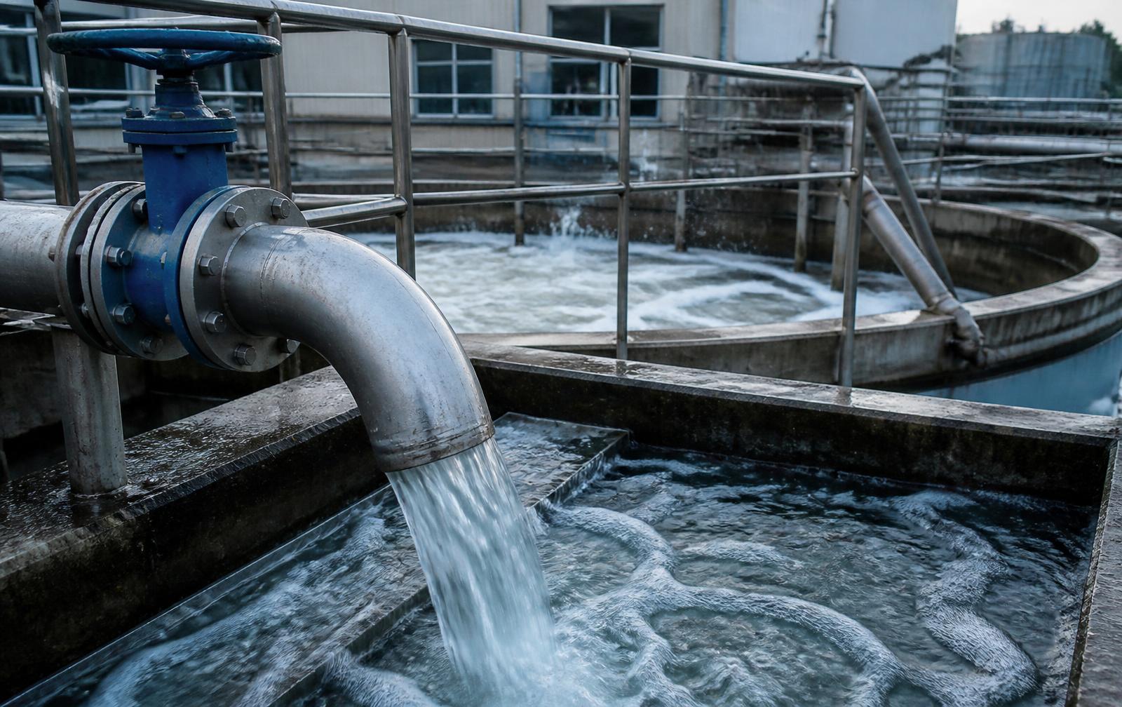 Water flowing through pipes at an industrial treatment plant